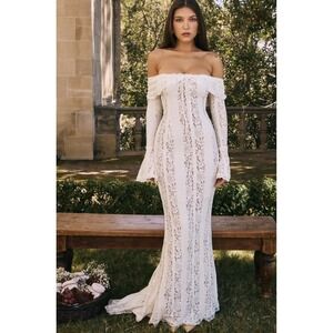 NEW Angel Lane Women Large Georgette Lace Ivory Maxi Dress Bell Sleeve Wedding